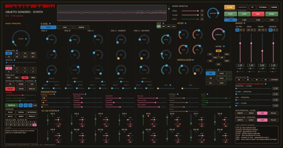 Screenshot of Antitotem — Sound Object in PRINCIPAL mode, showing oscillators, VCF/ADSR, modulation and mixer.