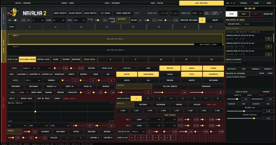 Screenshot of Navalha 2, showing the A/B sources, signal map and performance controls.