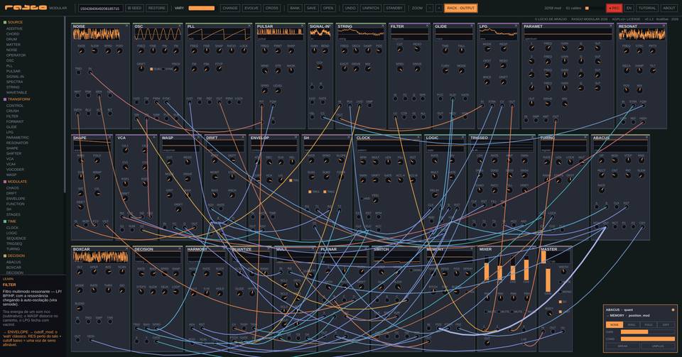 Screenshot of Rasgo Modular running: a three-row rack of modules, each with a thin stripe in its family colour, crossed by dozens of curved orange and blue cables, with one cable's box open in the corner.